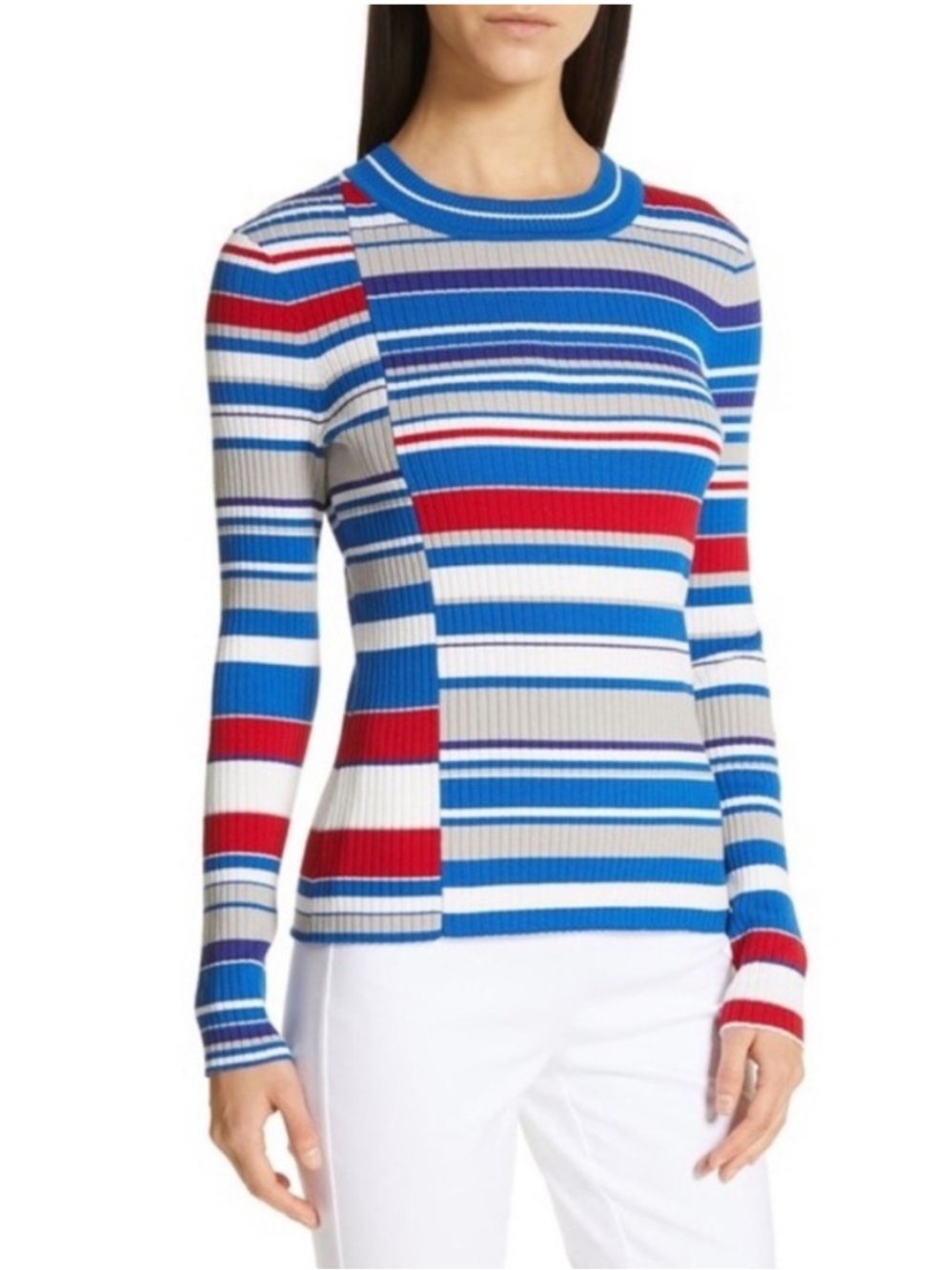 Rag & Bone Striped Ribbed Knit Crewneck Sweater Blue Red White Grey Womens M